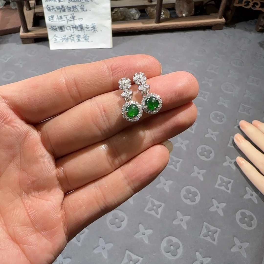 银S925镶嵌翡翠耳饰翡翠危料