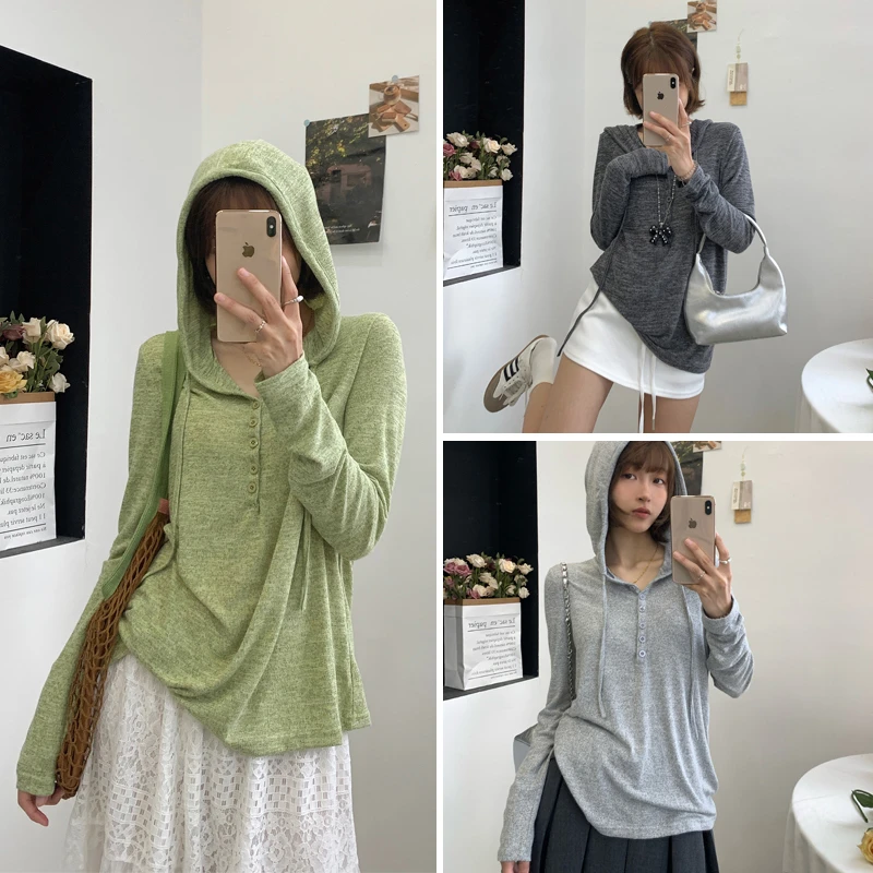 【有运费险】慵懒宽松百搭半开襟针织T恤女早秋V领连帽外搭上衣N