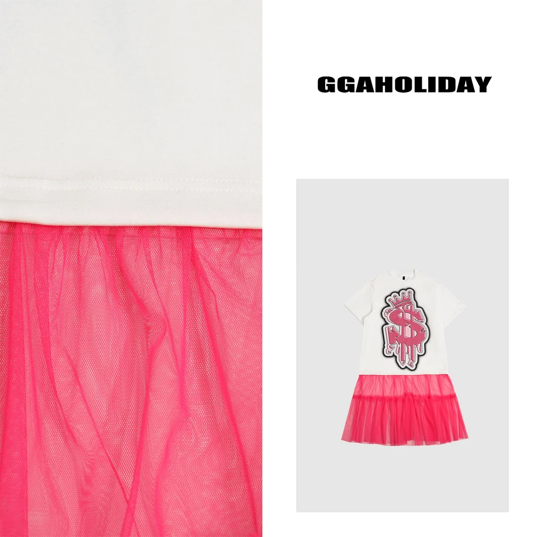 GGAHOLIDAY有钱花白色拼接百搭显瘦宽松中长款短袖连衣裙-152087