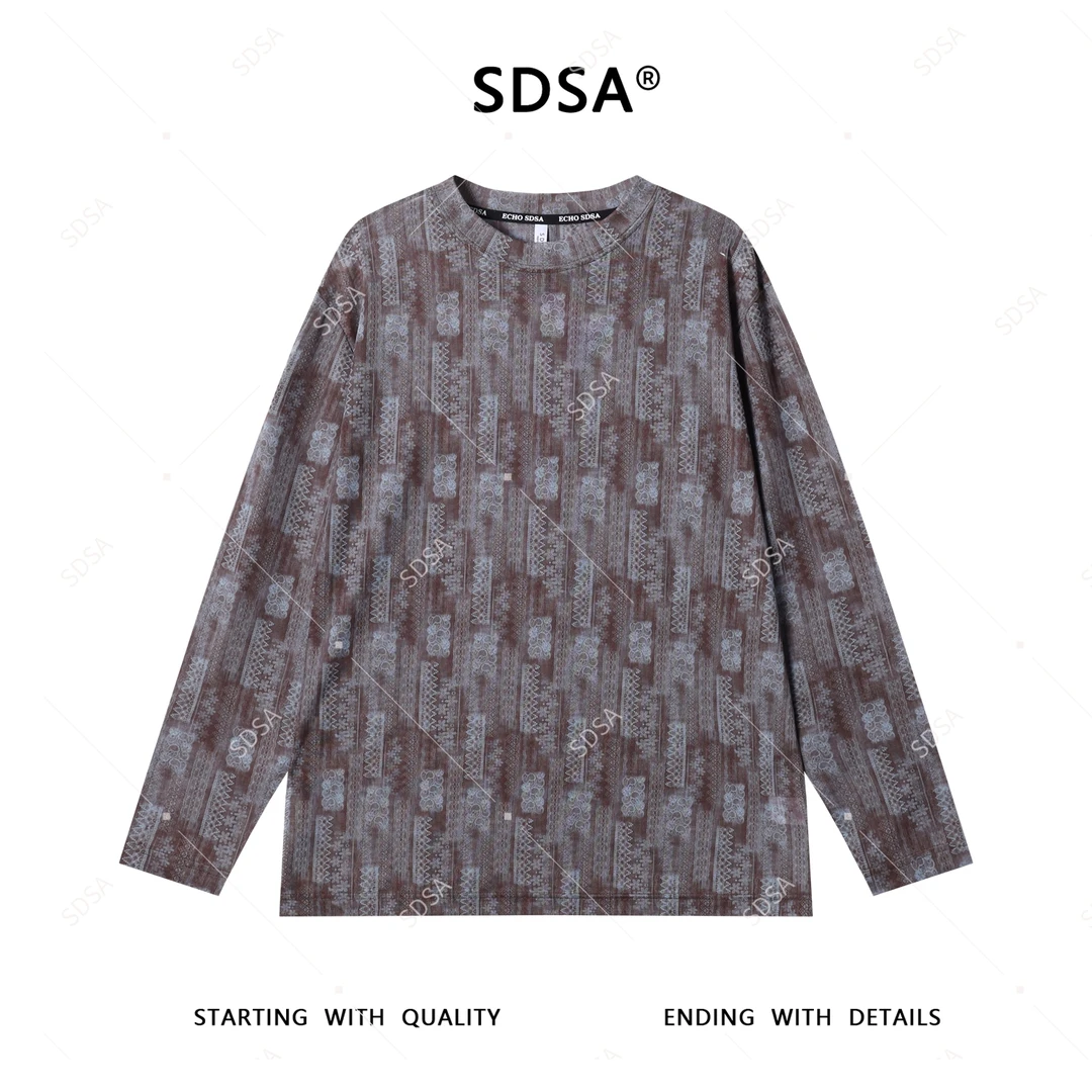 SDSA夏季新款男士痞帅韩版撞色花卉设计圆领长袖T恤百搭时尚上衣