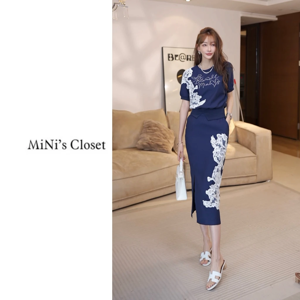 【MiNi推荐】夏季时尚气质手工刺绣印花修身显瘦半身裙套装女JE1144