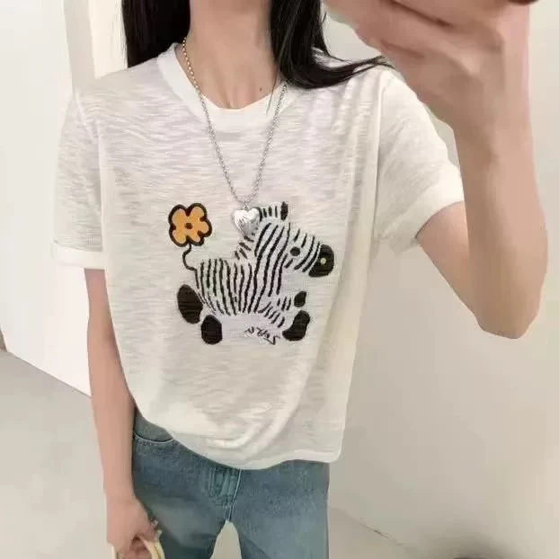 【卡通小花斑马】圆领刺绣收腰纽扣宽松休闲短袖T恤女