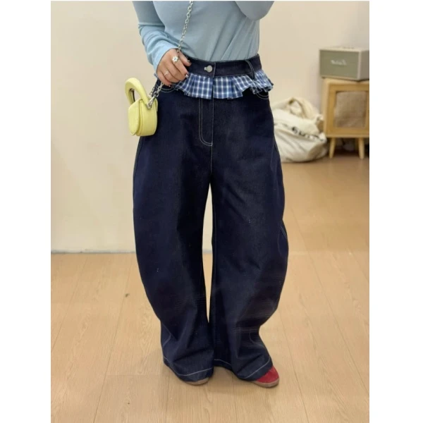 美式复古阔腿牛仔裤女25秋季宽松显瘦拼接格纹花边直筒裤子女