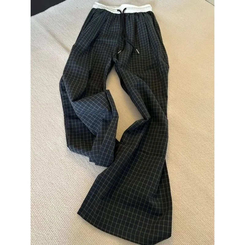 2025夏季新款百搭宽松显瘦格子神裤女松紧腰阔腿休闲抽绳直筒长裤