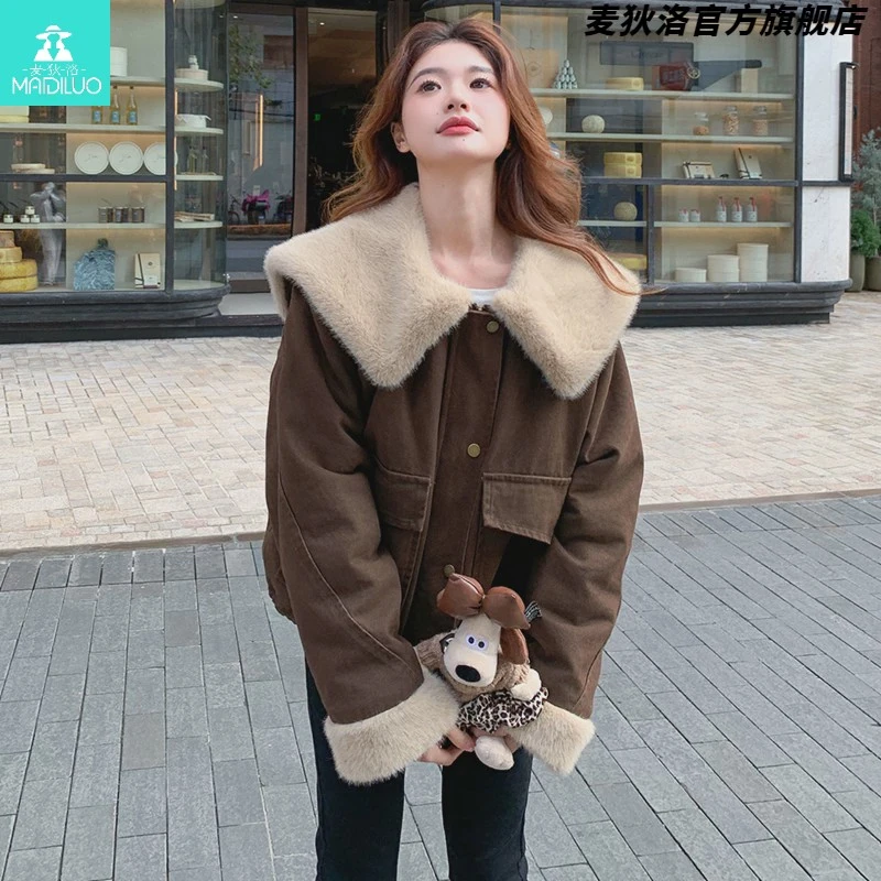 毛绒大翻领咖色工装派克服女冬季流行韩系小个子加绒加厚短款女衣