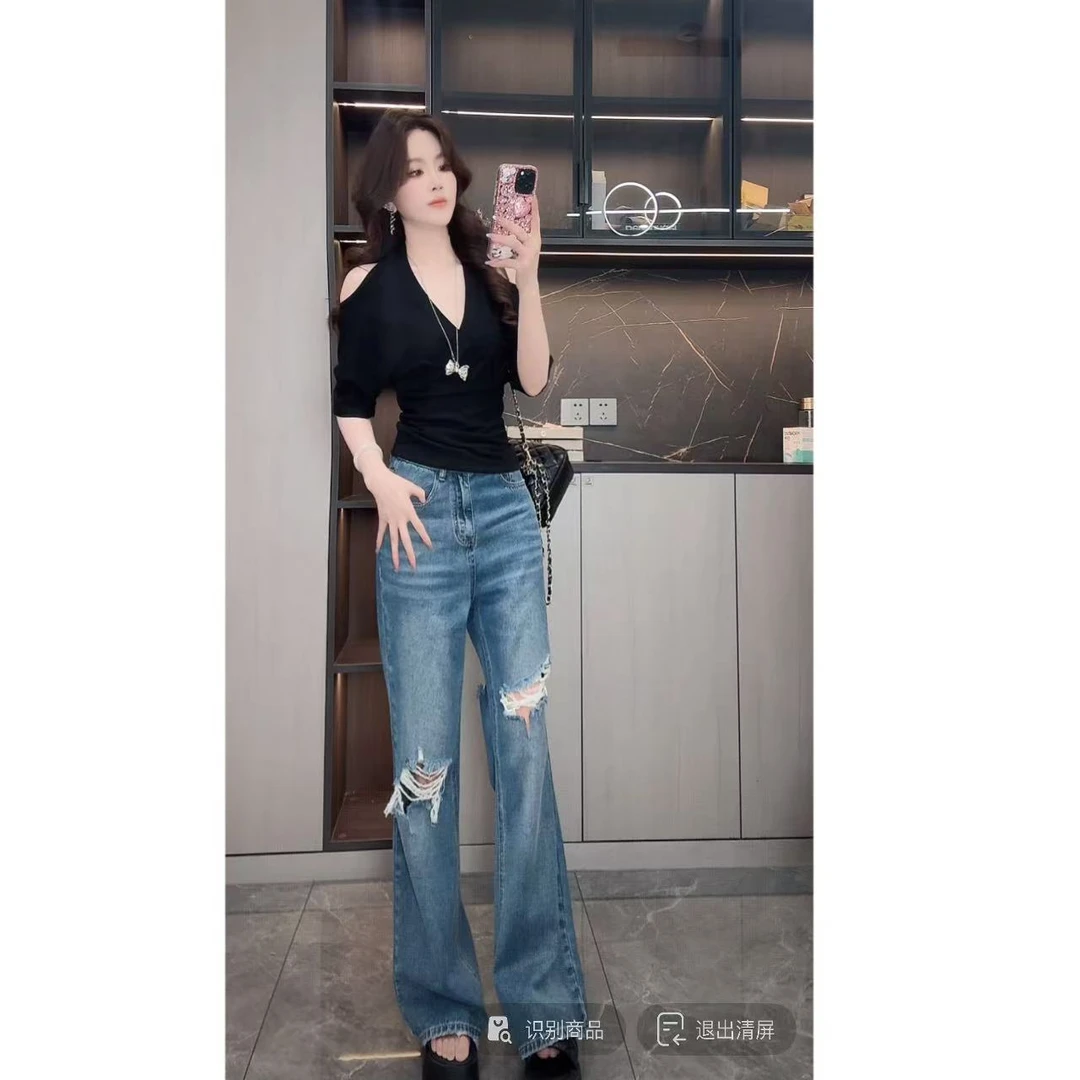 曼曼【长腿公式】美式复古辣妹破洞不贴腿直筒牛仔喇叭裤