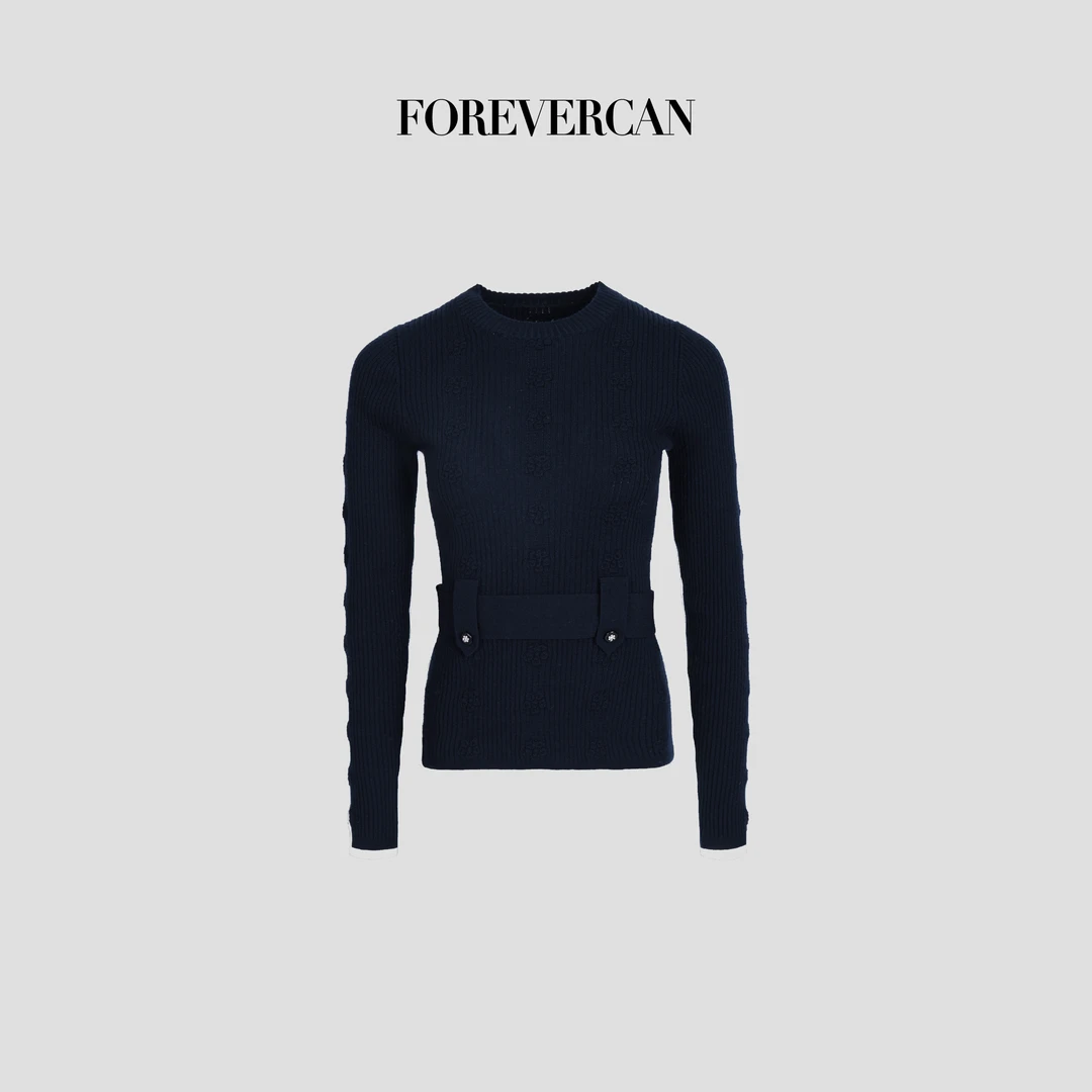 FOREVERCAN“蔚蓝之初”极幼水溶羊毛提花收腰针织上衣 MY4546B