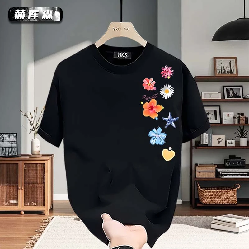 赫库森纯棉短袖美式高街设计印花夏季宽松圆领T恤打底衫痞帅半袖