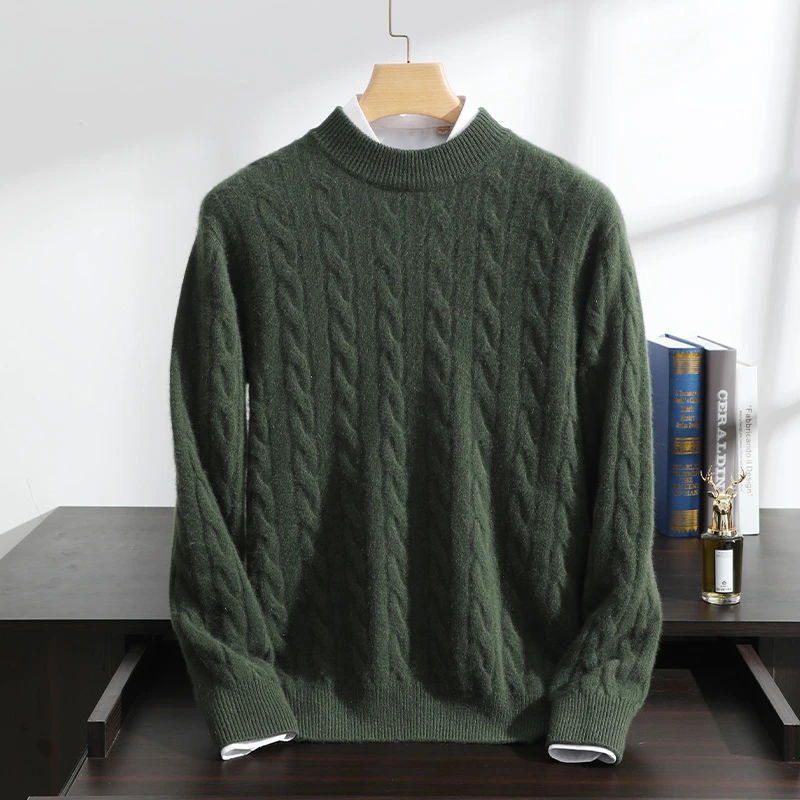 秋冬季新款100%纯山羊绒衫男麻花圆领加厚毛衣 青年打底保暖针织