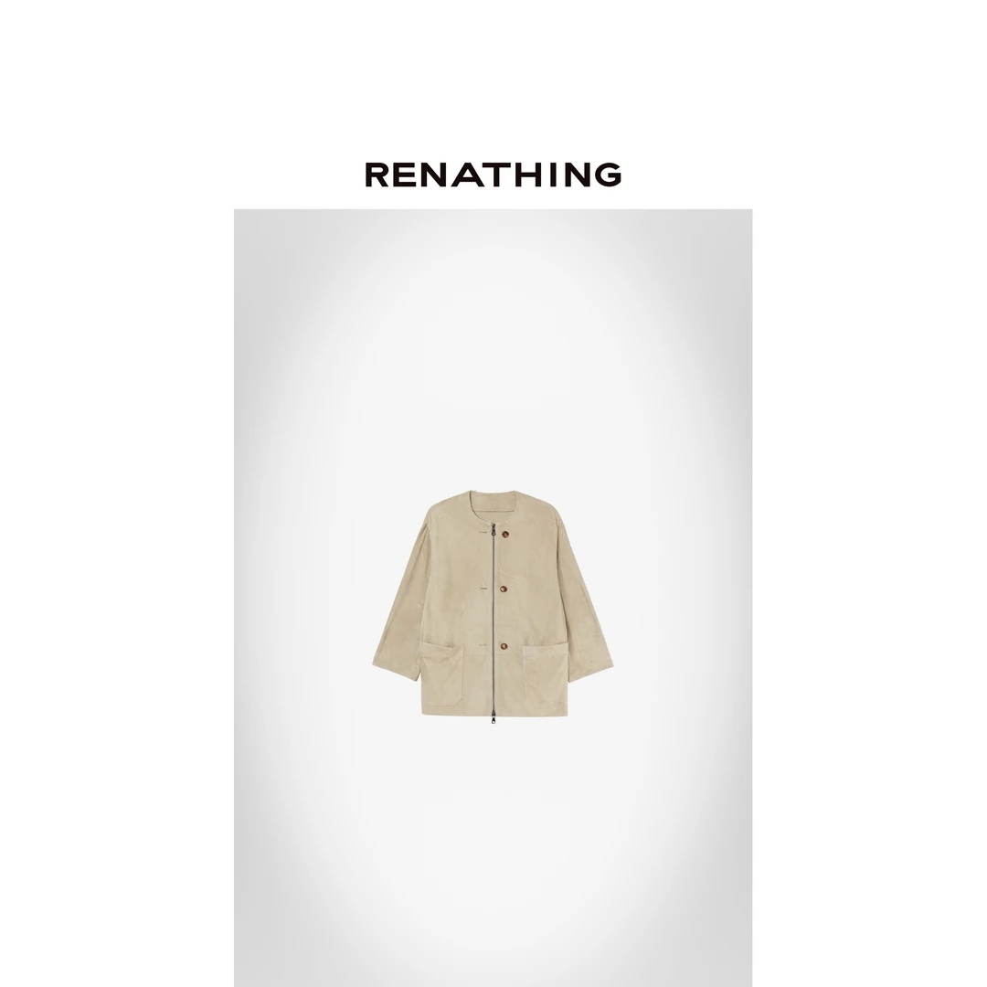 【RENATHING】复古绒面圆领皮衣外套