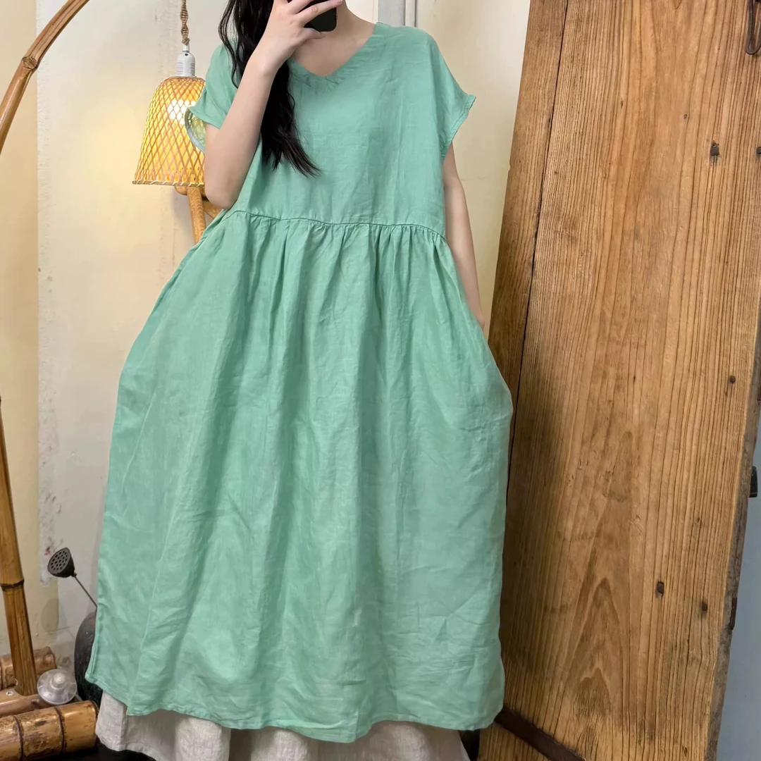 （青绿色）纯色V领净版套头飞飞袖肌理汉麻连衣裙XHH 5012