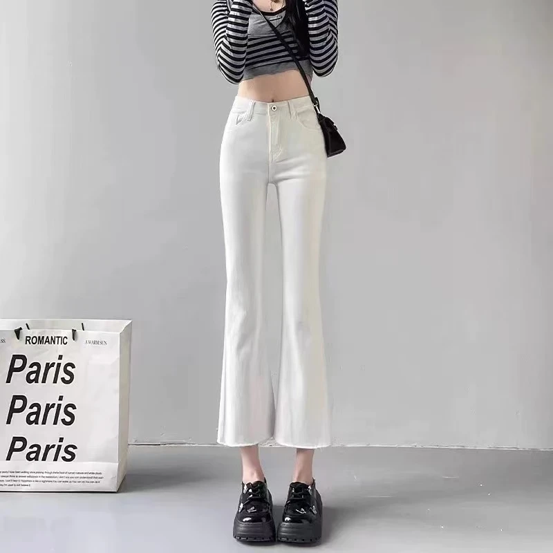 牛仔裤女2025夏季新款高腰显瘦百搭大码修身弹力毛边微喇裤子