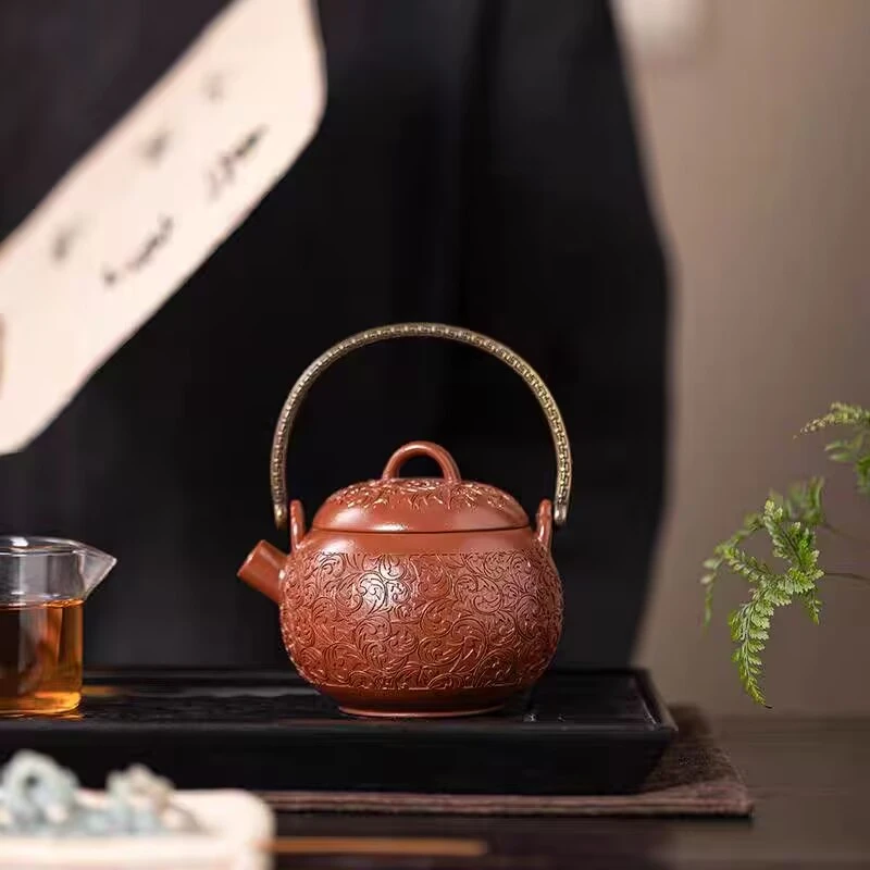 朱泥紫砂繁花提梁壶手工浮雕紫砂壶壶家用泡茶单壶过滤