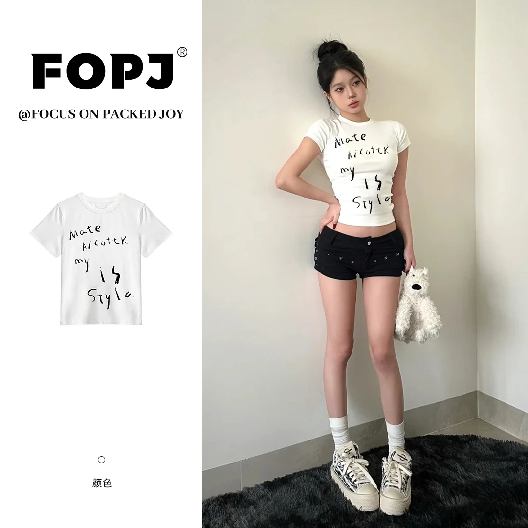 FOPJ美式甜辣正肩圆领印花短袖T恤女夏季紧身收腰BM风时尚上衣潮