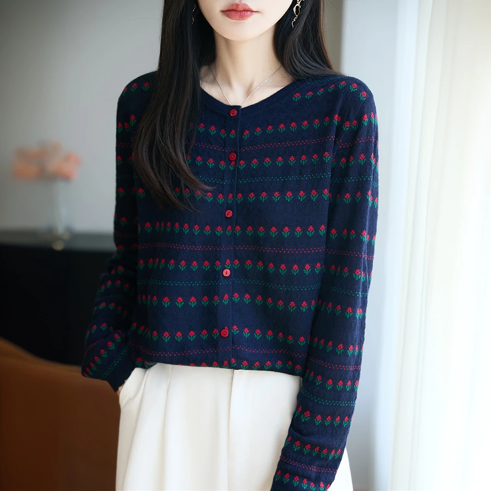 哥弟阿玛施官方新款圆领小花提花针织开衫秋季洋气时尚显瘦长袖女