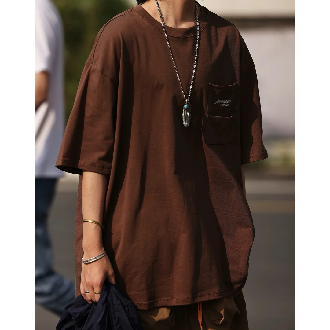 夏季山系百搭口袋复古刺绣字母圆领短袖男女宽松百搭半袖