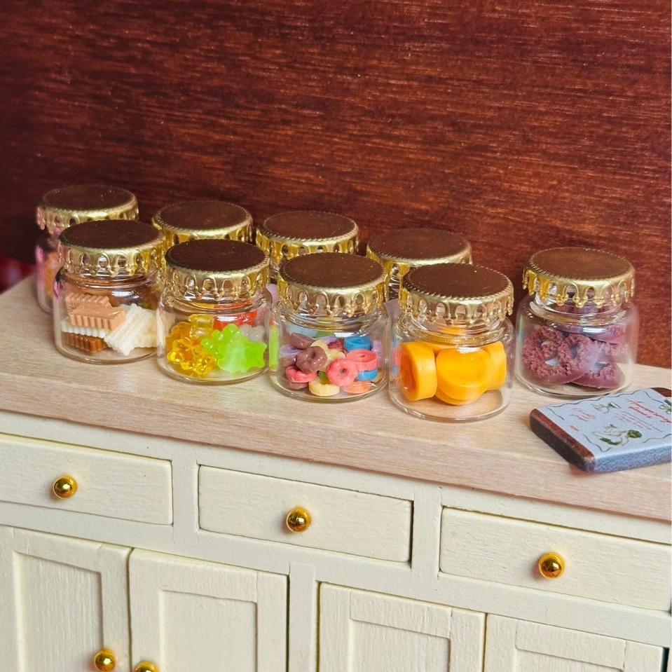 微缩1:12娃娃屋玻璃瓶微缩食玩迷你罐子彩虹糖果罐食玩diy
