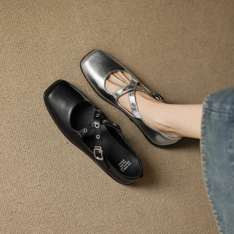 学院风银色铆钉交叉扣带玛丽珍小皮鞋百搭运动底方头浅口单鞋女40