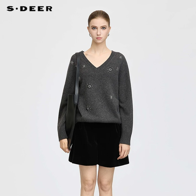 S·DEER圣迪奥女装秋季百搭长袖灰色时尚设计师V领秋冬套头针织衫