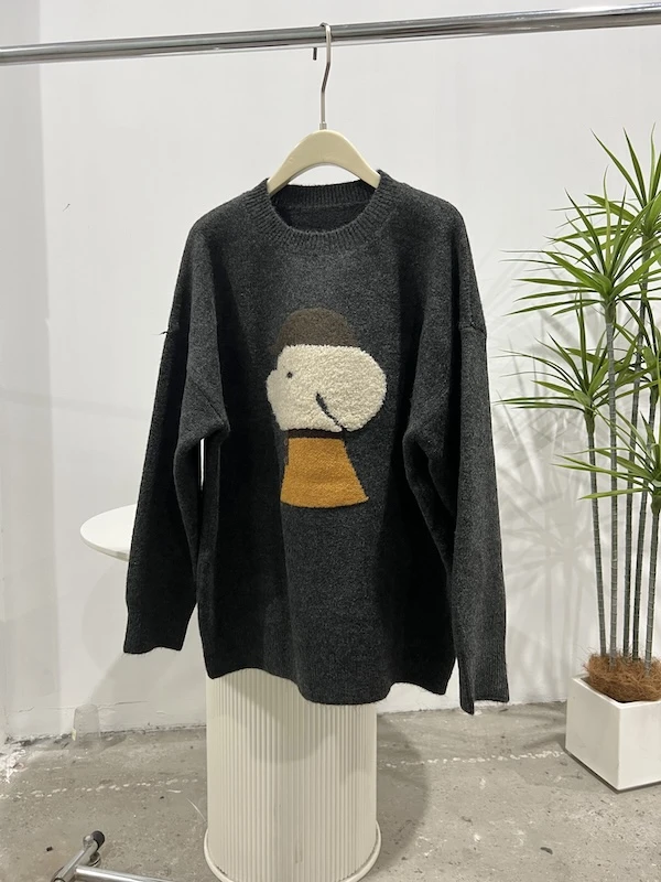 【杨英家】蜜熊毛绒韩版落肩宽松设计针织衫圆领显瘦百搭毛衣 91159