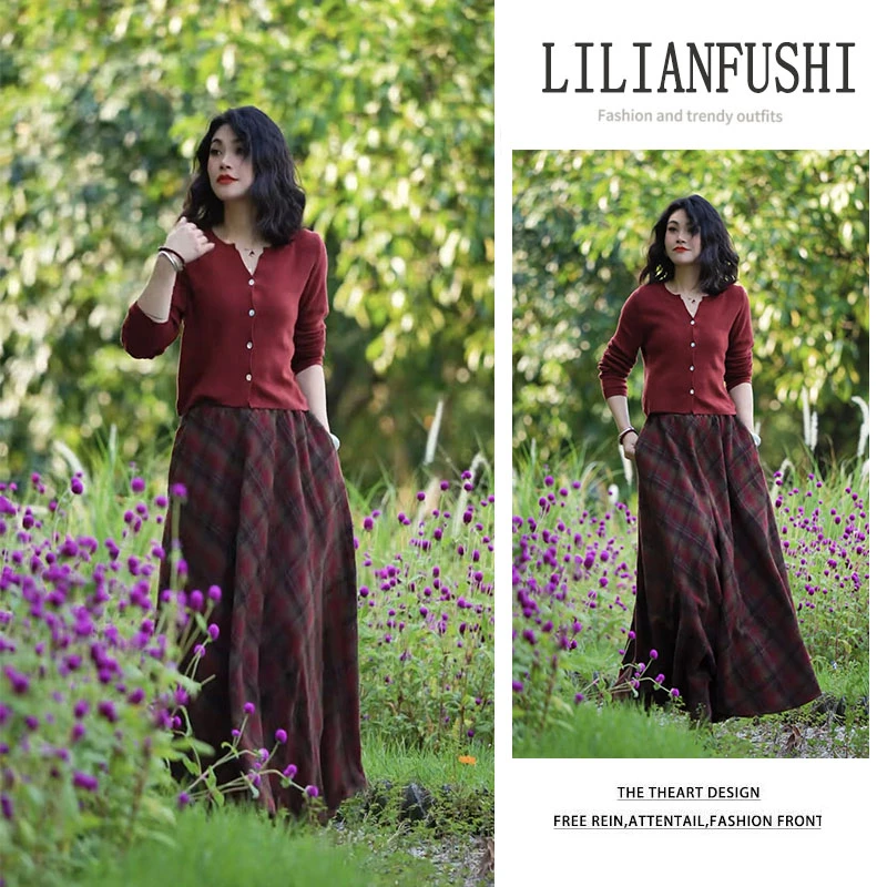 时尚穿搭2025秋冬新款纯色长袖针织开衫显瘦格纹高腰半身裙两件套