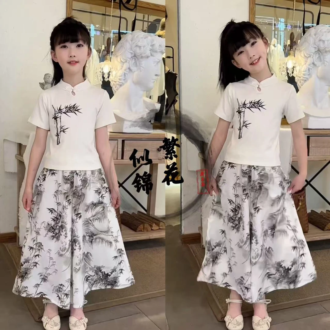 女童中式2025新款时尚休闲复古洋气儿童夏款国风T恤裙裤潮两件套