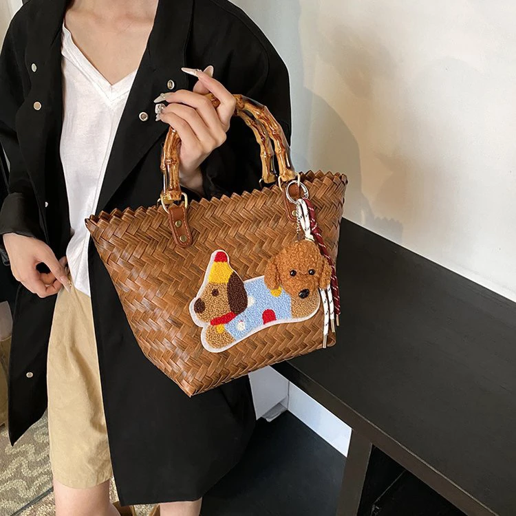 网红编织手提包水桶包肩包夏季草编包田园风时尚竹节菜篮圣大5155