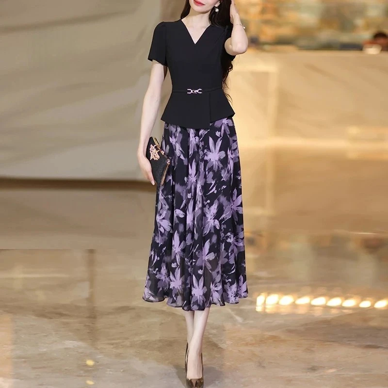 黑色假两件长款碎花连衣裙2025夏季拼接轻奢时尚修身显瘦长裙