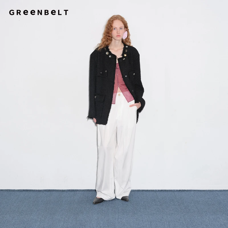 GREEN BELT城市旷野25春粗花呢小香风毛呢外套女异型扣装饰上衣