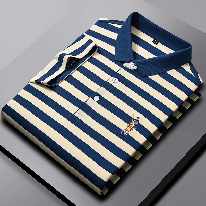 轻奢新款时尚POLO衫男士短袖T恤撞色条纹商务中年大码男装海魂衫