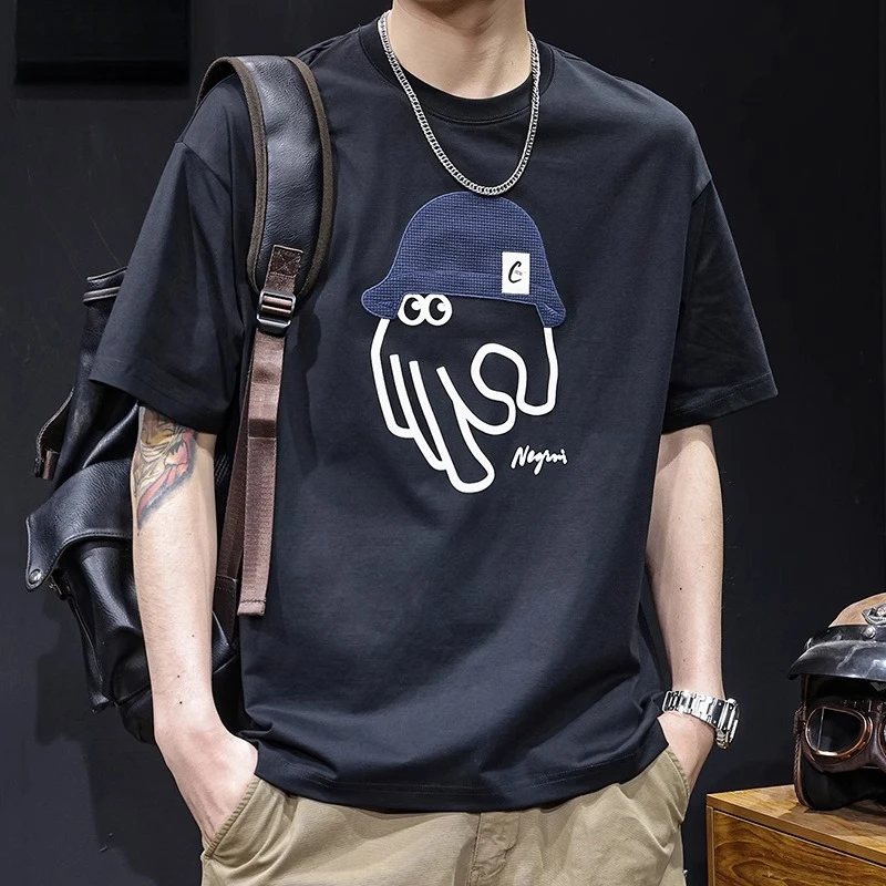 夏季上衣新款凉感科技棉短袖t恤男士宽松大码潮牌衣服百搭体恤男