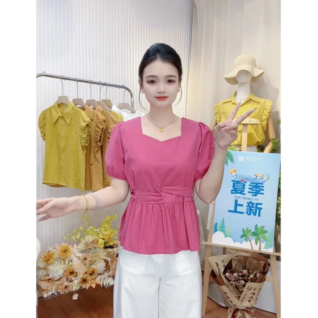 艾尚服饰·大码方领收腰系带显瘦短袖衬衫女士夏季法式别致上衣
