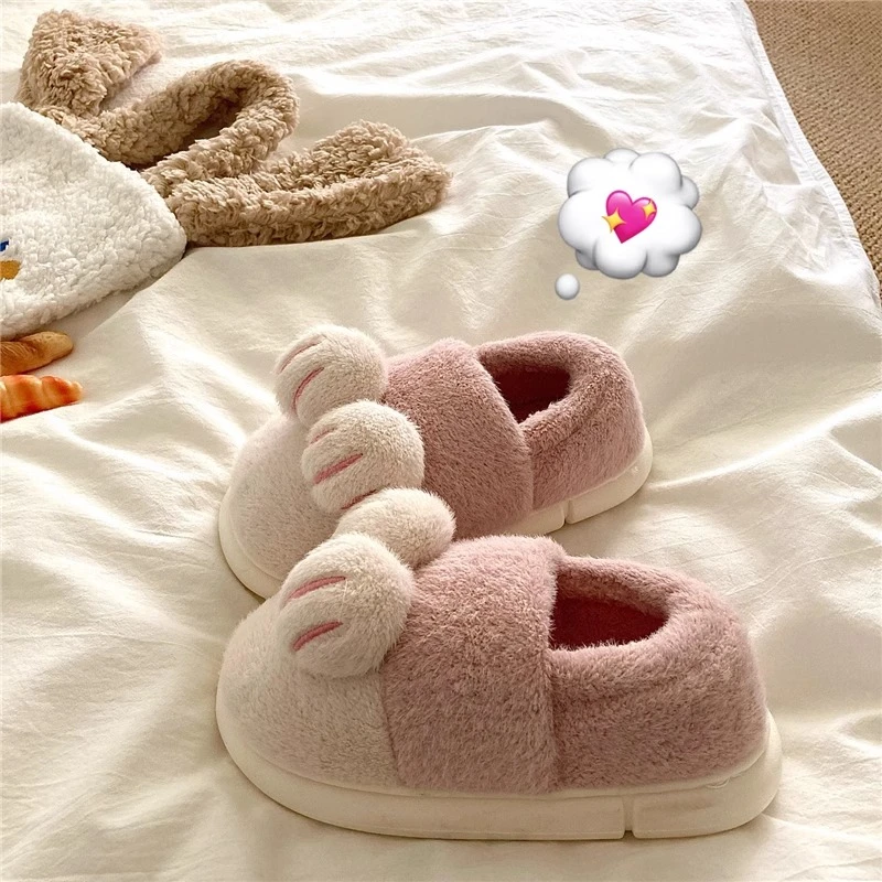 奶油甜心粉~！猫爪ins可爱小众包跟棉鞋女冬季厚底保暖毛毛棉拖鞋