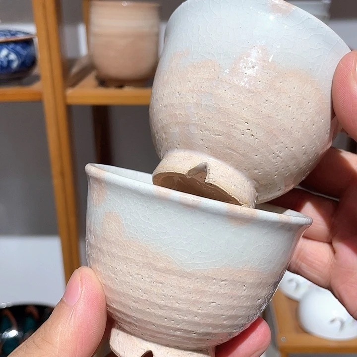 紫砂163全新暗刻款粉色萩烧大主人杯两只