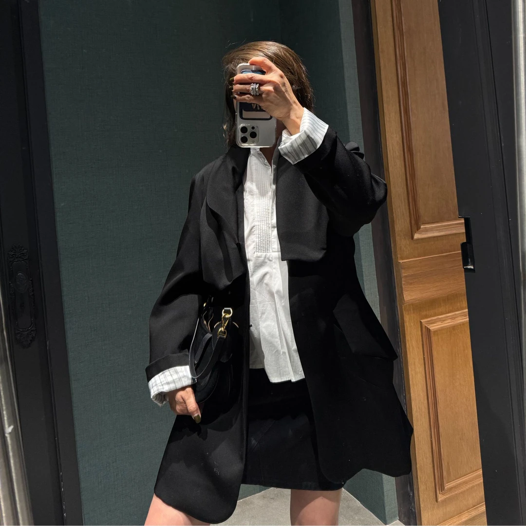 COCOLINDA| 100%绵羊毛青果领黑色西装外套C3105