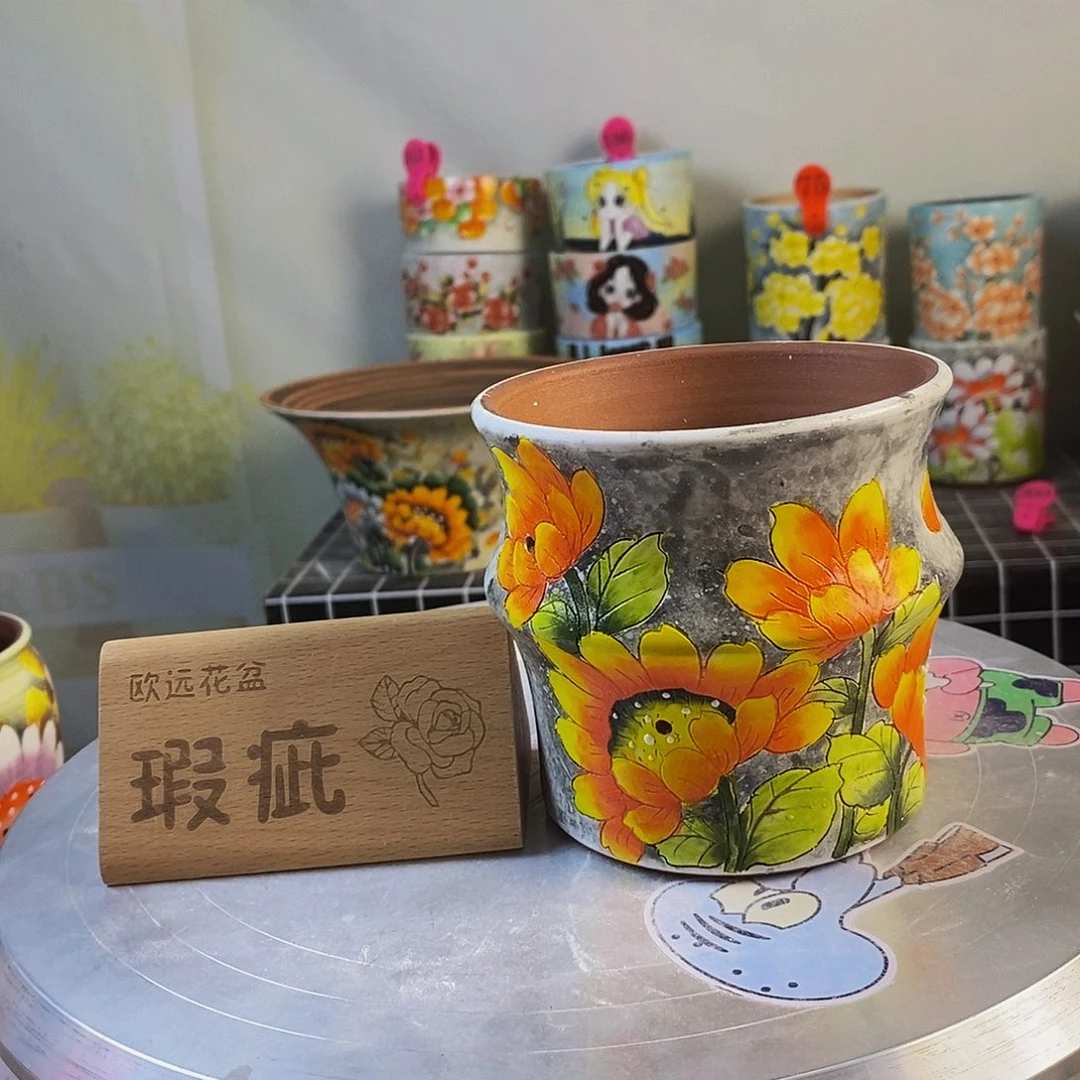 紫砂花盆红陶手绘花盆