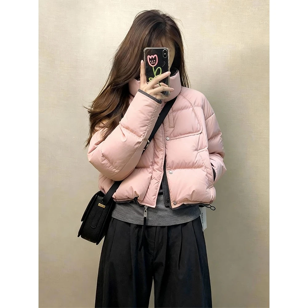 粉色短款羽绒服女2025巨好看的翻领撞色外套厚棉袄韩系保暖面包服
