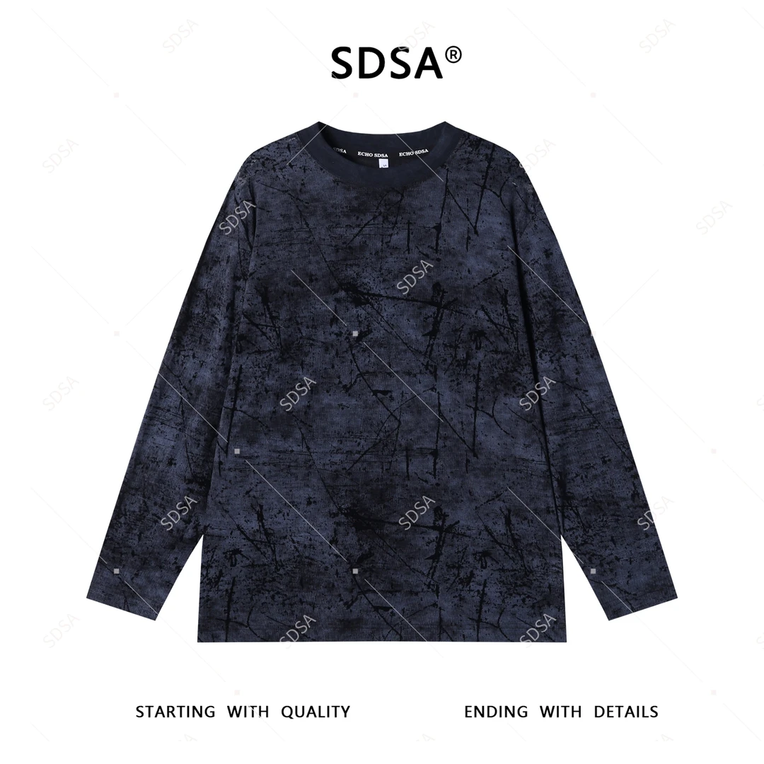 SDSA夏季新款男士痞帅扎染植绒凌乱设计圆领长袖T恤亲肤百搭上衣