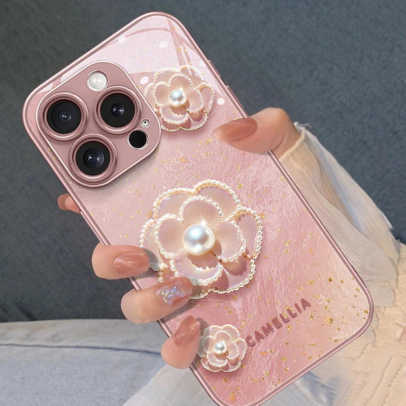 粉箔珍珠山茶适用苹果16promax手机壳iphone15时尚ins风14保护套