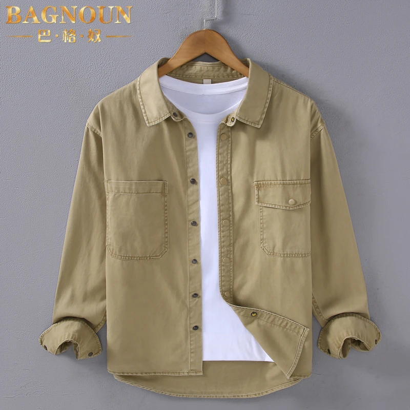 巴格奴长袖衬衫男士春秋新款时尚潮流工装日系复古百搭厚翻领衬衣