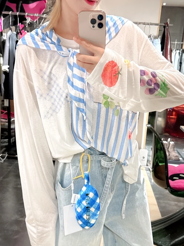 CHEERi UPi UNIFORM25设计师品牌夏季新款条纹丝巾野餐垫长袖T恤