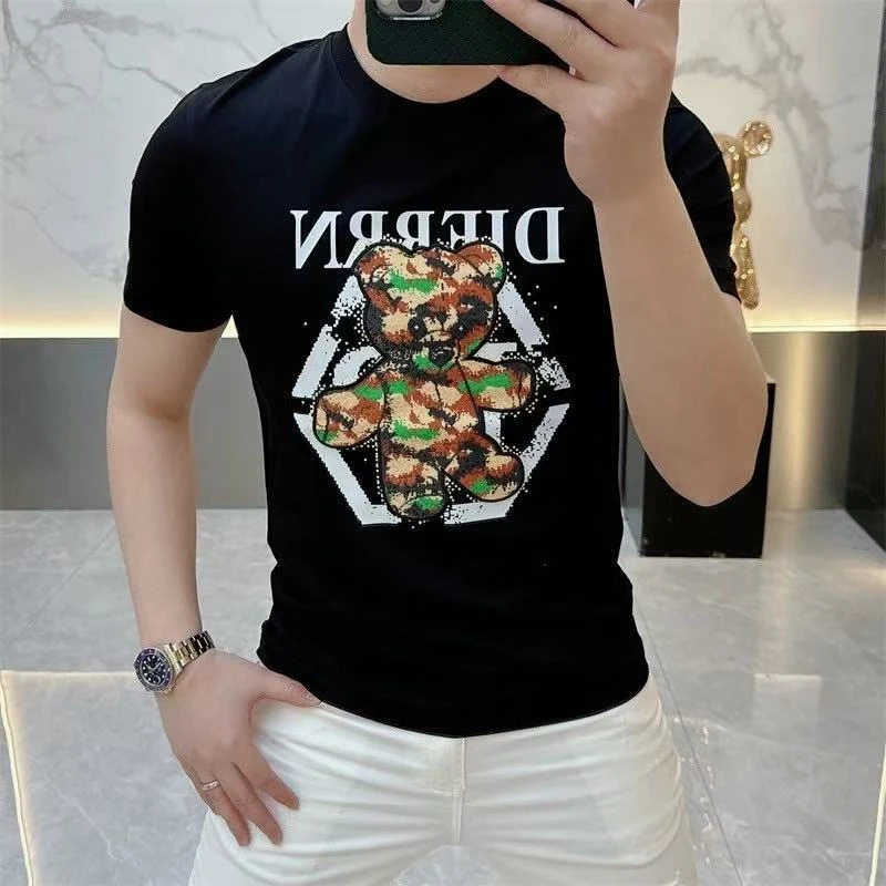 2025夏季新款欧货时尚潮牌小熊徽章修身帅气圆领短袖T恤男潮半袖