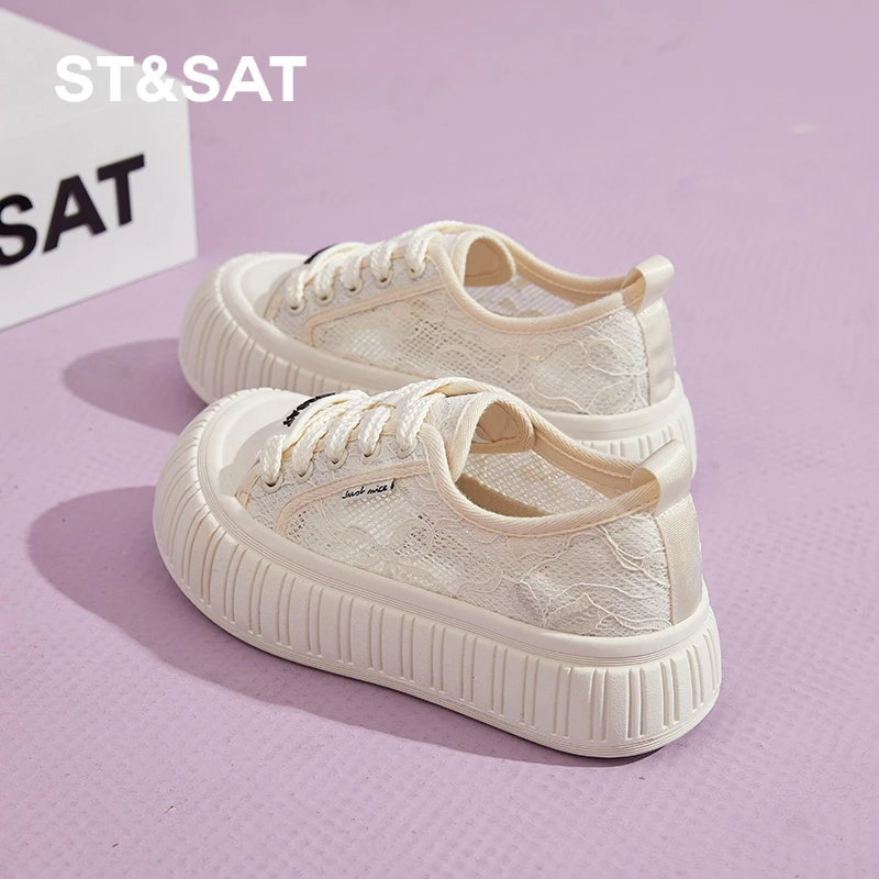 星期六夏季网面厚底帆布鞋蕾丝镂空透气学生饼干鞋轻便增高渔夫鞋
