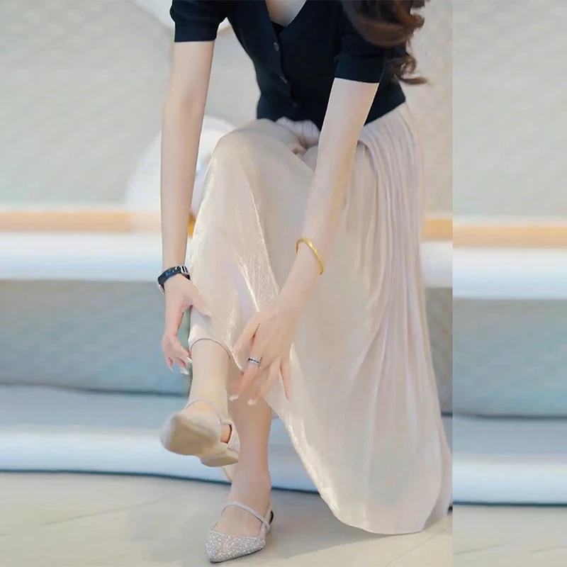 拉夏贝尔琉璃纱裙百搭显瘦2025高腰中长女裙薄款轻职风半身裙