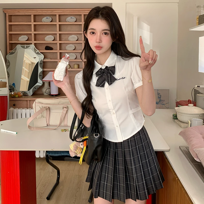 东京岁时记jk春季女学院风吉尔小姐收腰衬衫短袖素描板裙子两件套