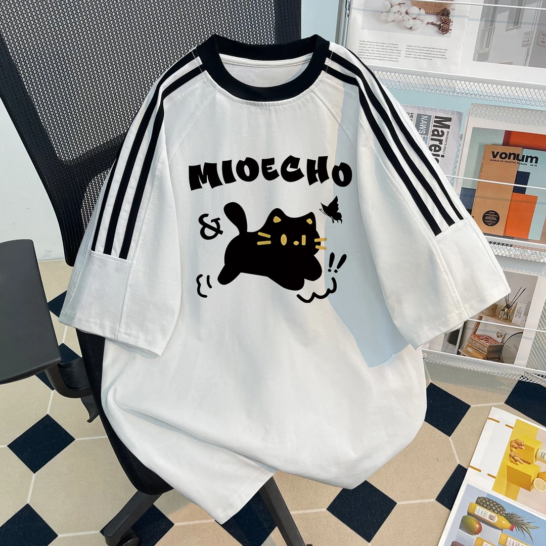 2025夏季新款女童三条杠短袖t恤卡通黑色小猫中大童学院风上衣服