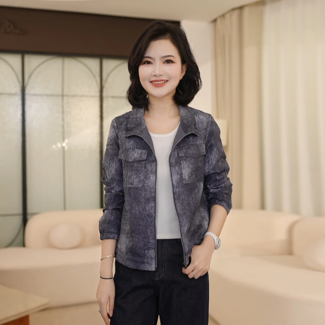 枫竺阿楠anan  时尚立领可调节松紧下摆肌理感印花长袖外套女早秋