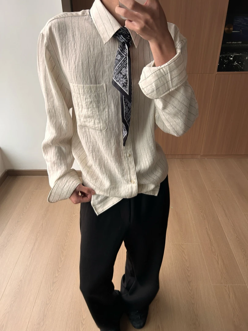 老钱风条纹亚麻衬衫复古优雅松弛感杏白色长袖衬衣休闲外套
