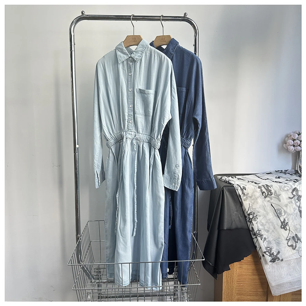 Q221  秋季新款宽松中长款女士休闲牛仔翻领长袖连衣裙女