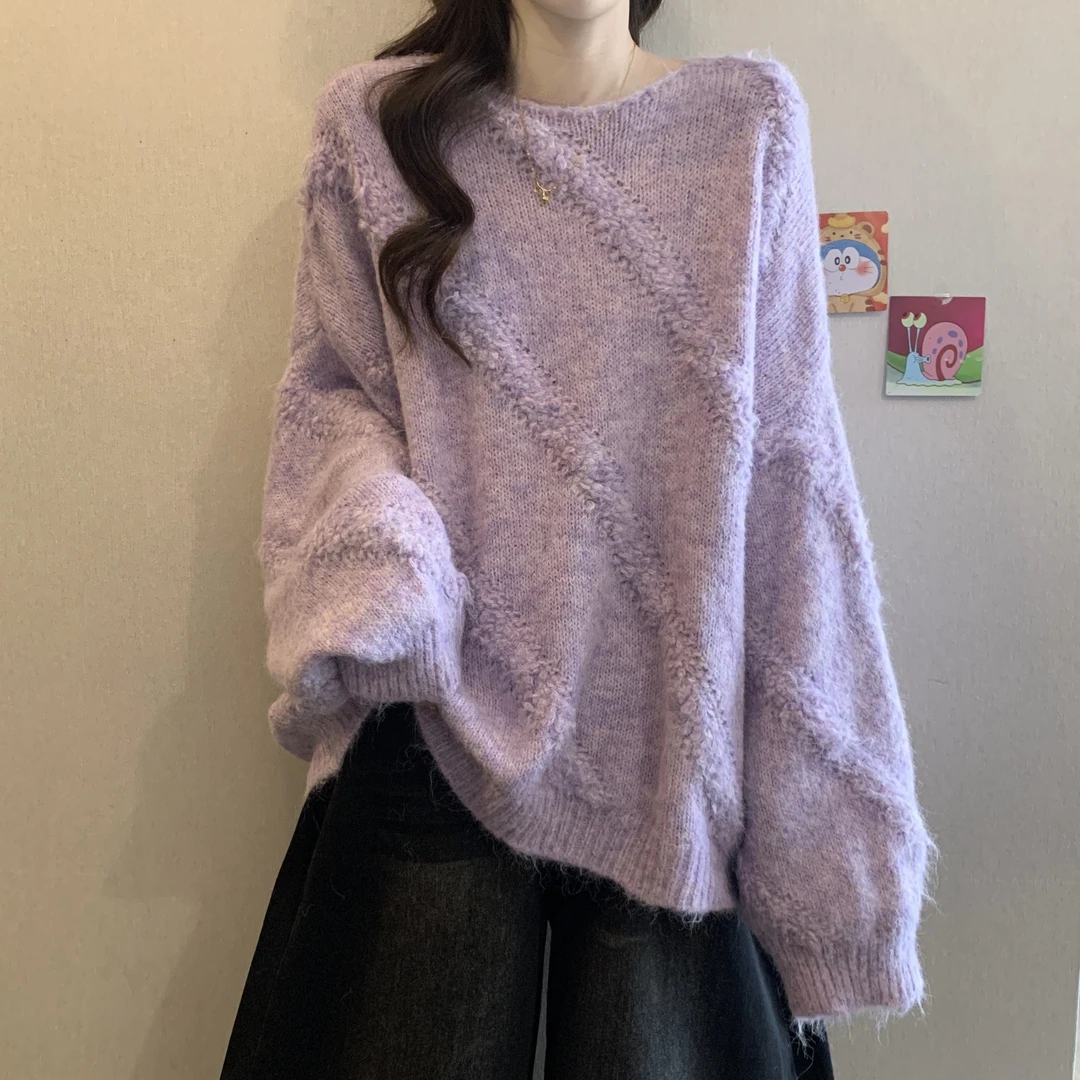 大码胖mm慵懒风软糯长袖毛衣女装秋冬新款气质宽松显瘦针织衫上衣